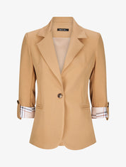 Blazer droit uni manches 3/4 à revers carreaux - Camel - 1