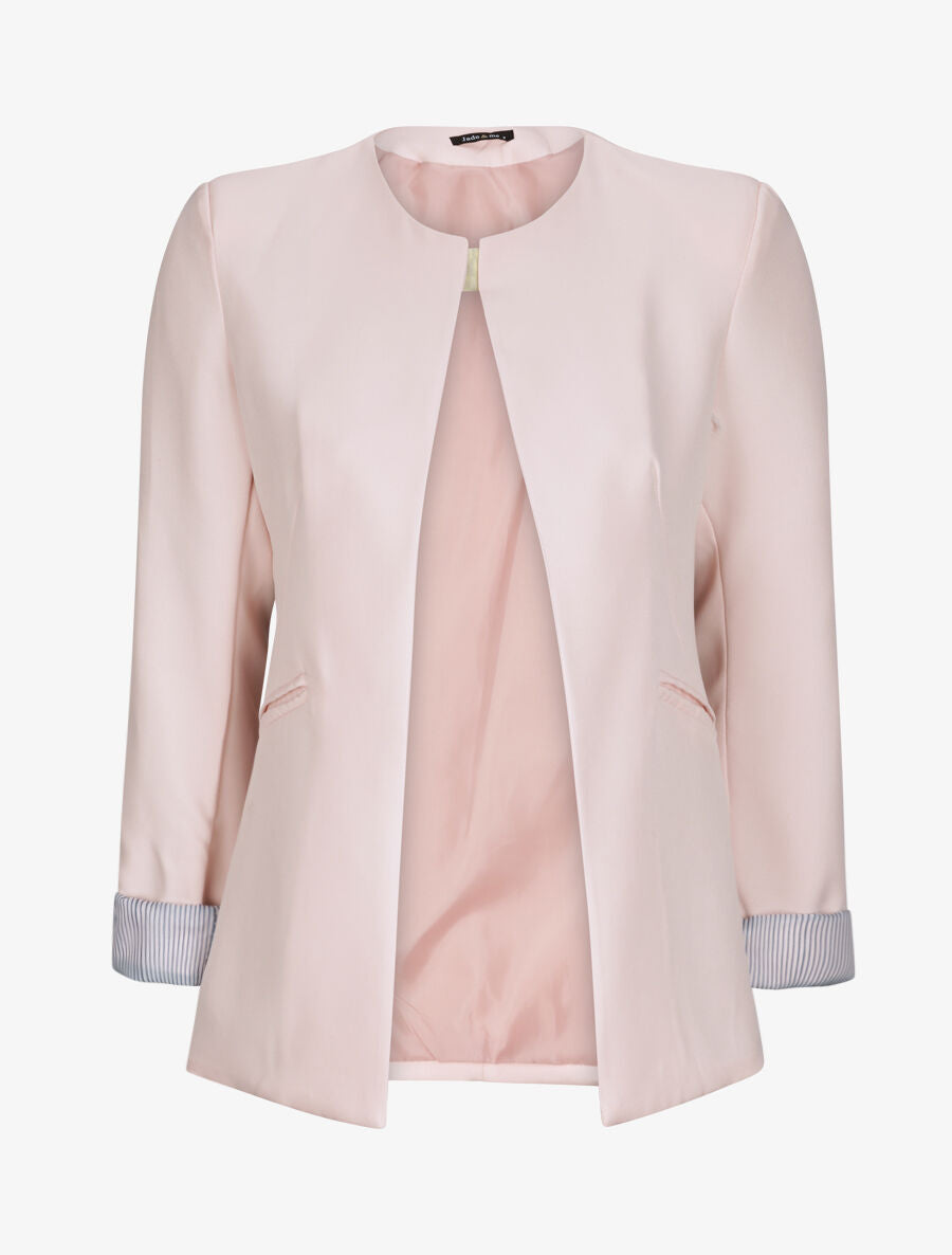 Veste droite unie manches à revers rayé - Rose pastel - 4