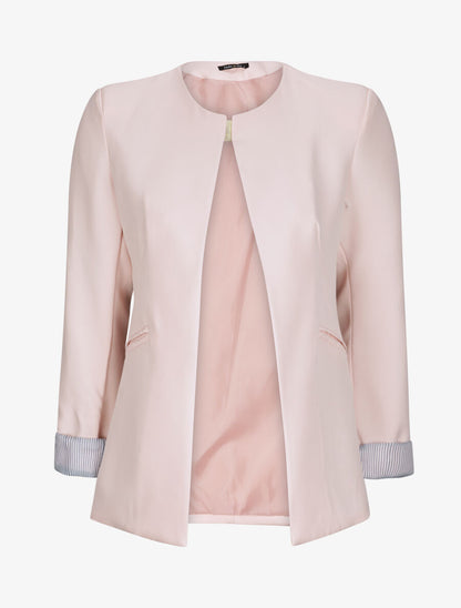 Veste droite unie manches à revers rayé - Rose pastel - 4