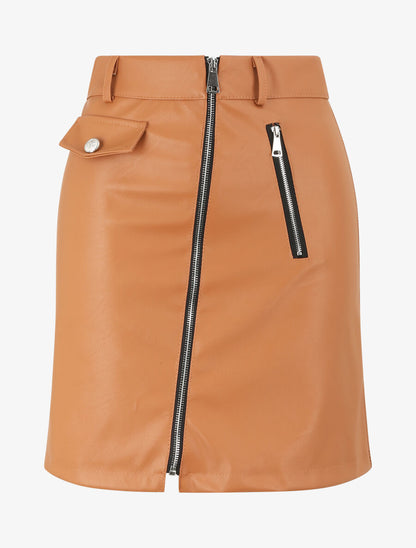 Jupe zippée en simili - Camel - 1