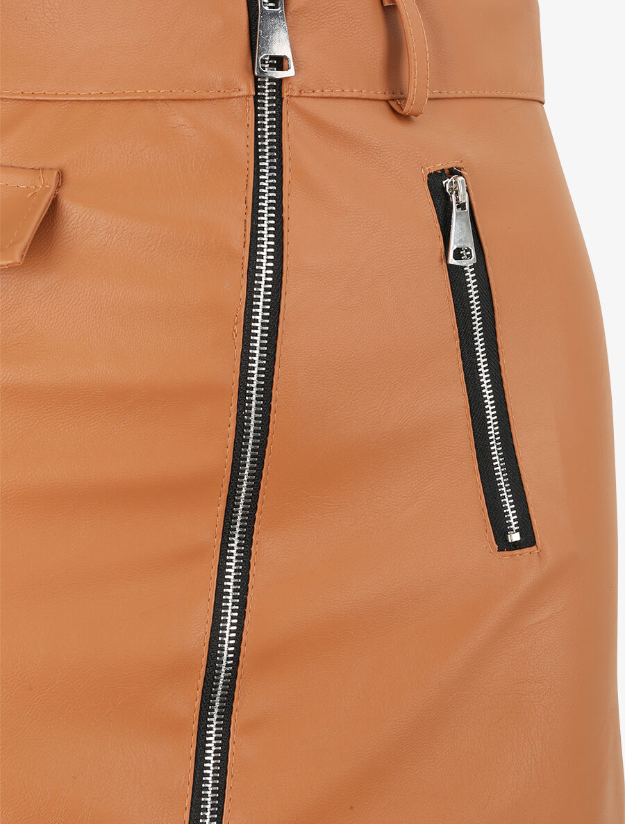 Jupe zippée en simili - Camel - 3