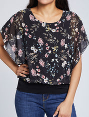 Top boule imprimé fleurs printanières - Noir - 1