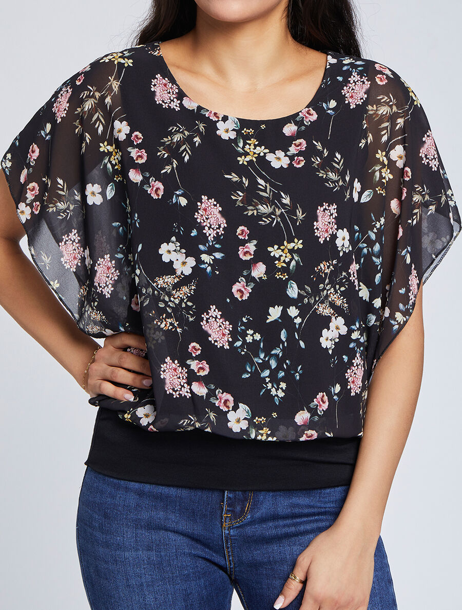 Top boule imprimé fleurs printanières - Noir - 1