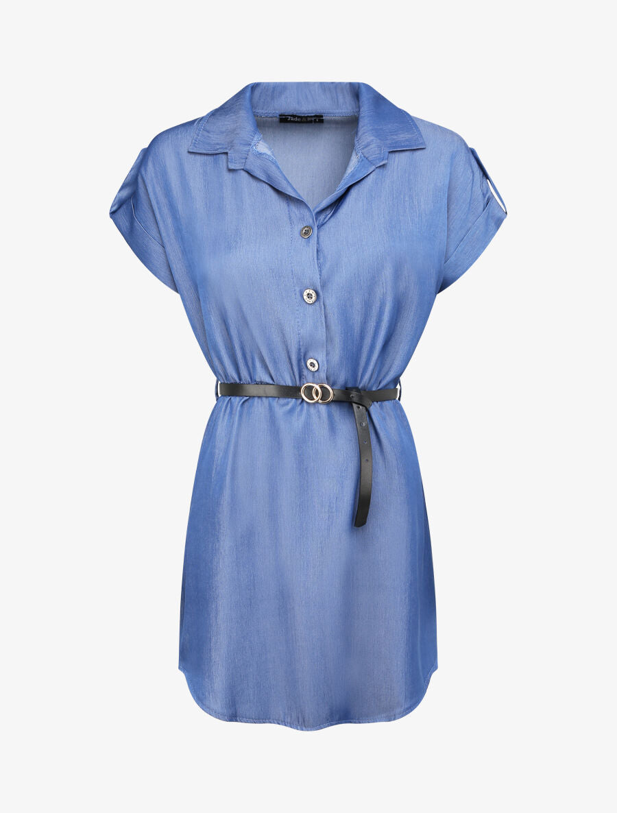 Tunique style chemise droite à manches courtes - Bleu denim - 4