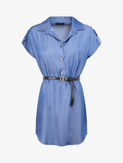Tunique style chemise droite à manches courtes - Bleu denim - 4