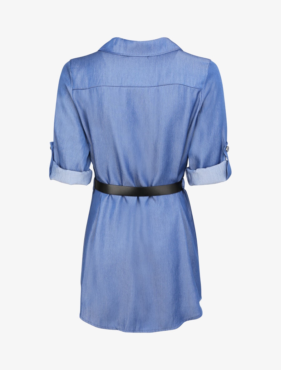 Robe chemise droite unie - Bleu denim - 2