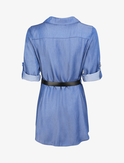 Robe chemise droite unie - Bleu denim - 2