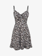 Robe courte empire fleurie à noeud - Noir - 1
