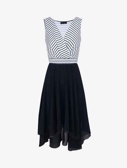 Robe patineuse rayée asymétrique à col cache-coeur - Marine - 1