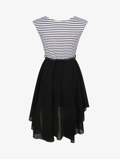 Robe patineuse rayée asymétrique à col rond - Noir - 2