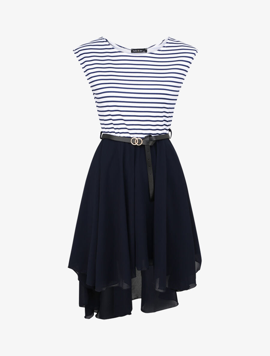 Robe patineuse rayée asymétrique à col rond - Marine - 1