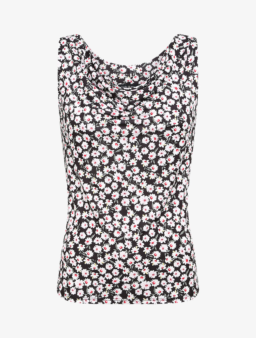 Top droit col bénitier imprimé marguerites - Noir - 5