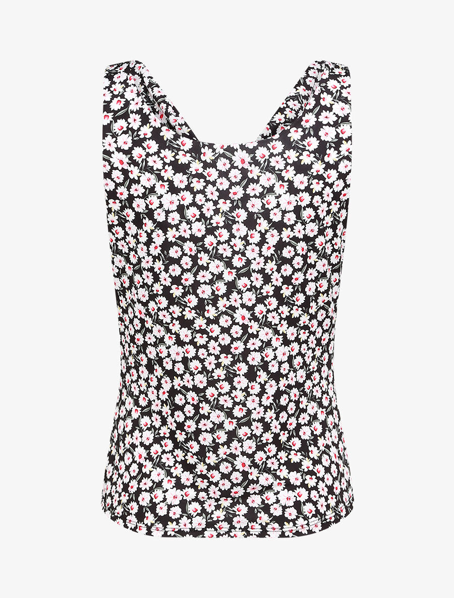 Top droit col bénitier imprimé marguerites - Noir - 3
