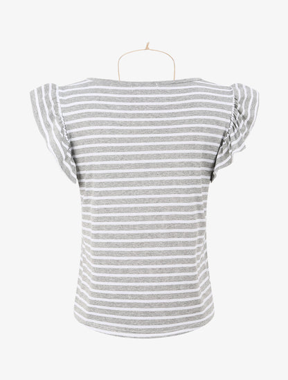 Top droit rayé à mancherons volantés - Gris chiné - 2