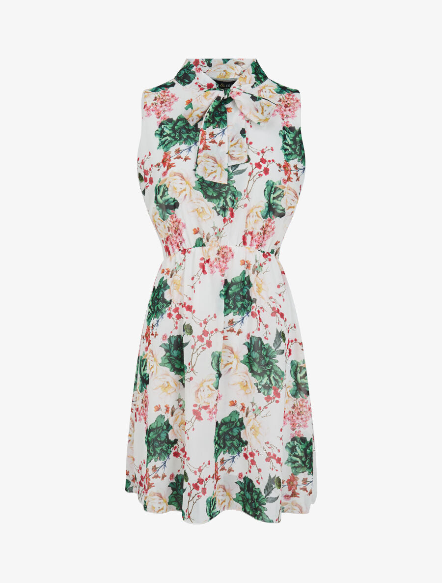 Robe imprimé bouquet de roses à col lavallière - Blanc - 1