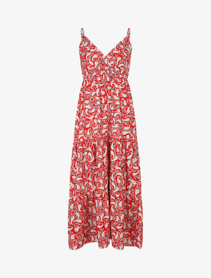 Robe longue empire imprimé foulard - Rouge - 4