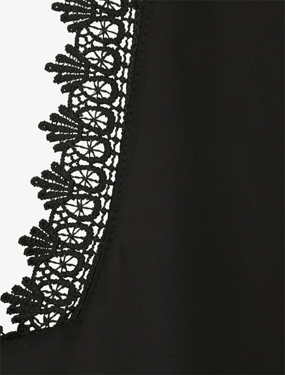 Top droit uni à dos en V et dentelle - Noir - 3