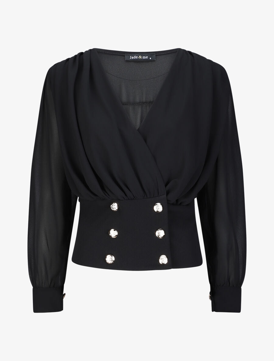 Blouse cache-coeur à boutons stylisés - Noir - 4