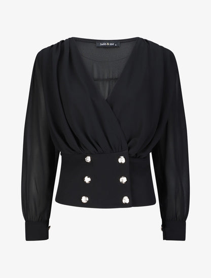 Blouse cache-coeur à boutons stylisés - Noir - 4