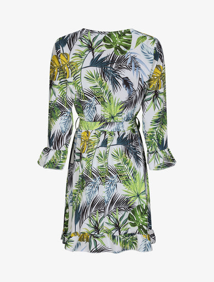 Robe imprimé tropical à manches et bords volantés - Blanc - 4