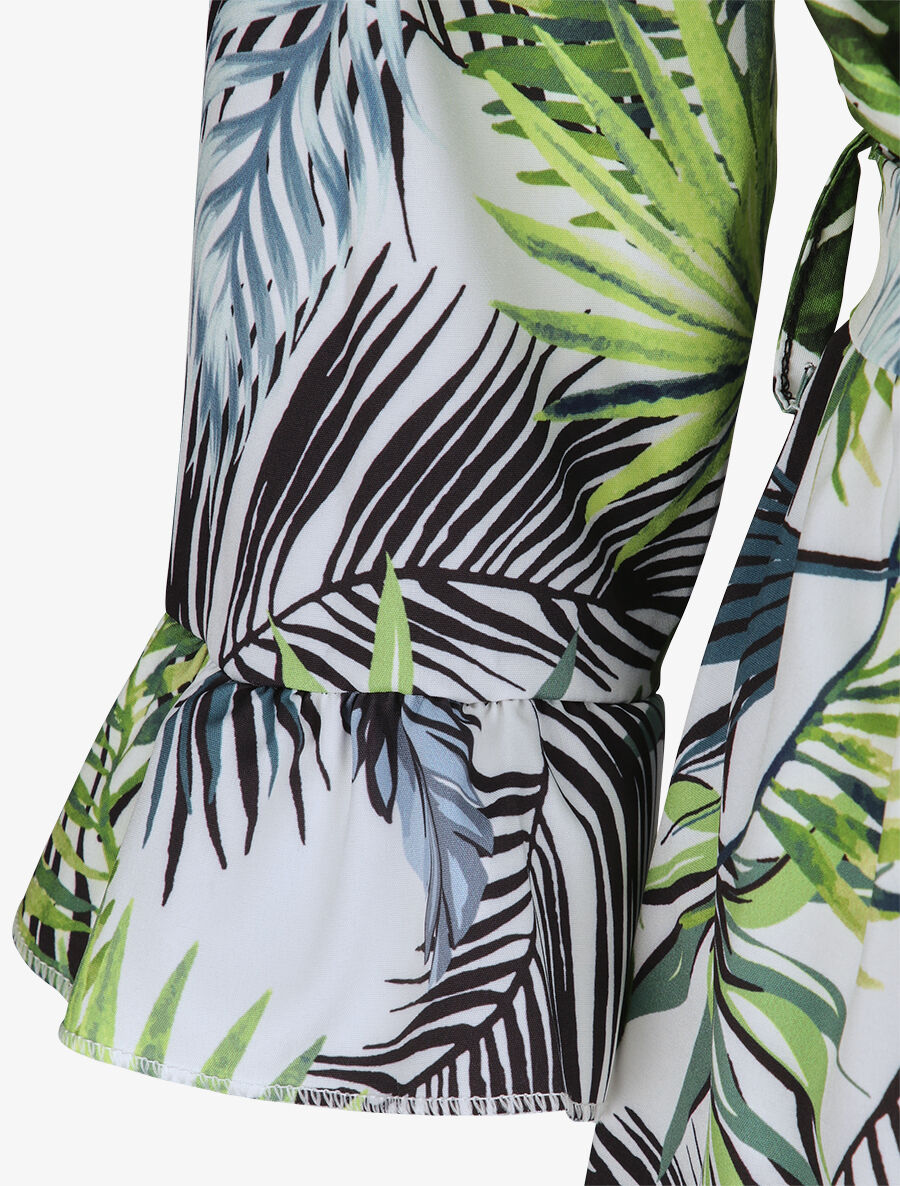Robe imprimé tropical à manches et bords volantés - Blanc - 3