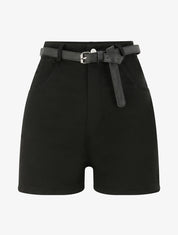 Short évasé uni à taille haute - Noir - 1