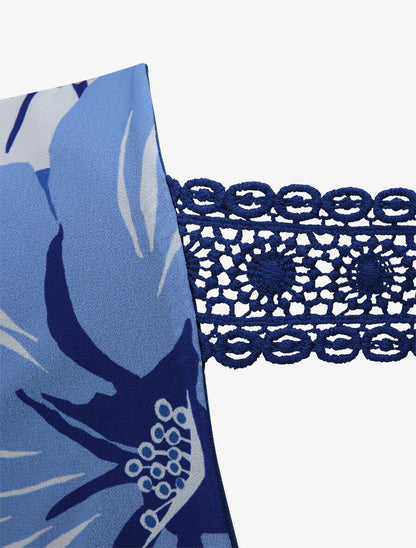 Top en voile à dos ajouré et imprimé grandes fleurs - Bleu - 3
