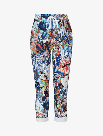 Pantalon imprimé tropical à taille élastiquée - Bleu - 4