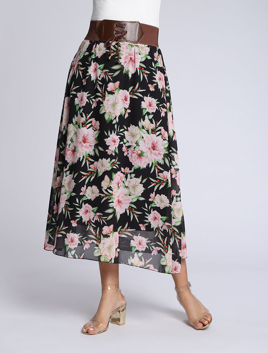 Jupe midi fluide imprimé floral - Noir - 4