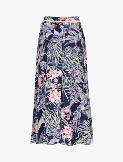 Jupe mi-longue à couture en V imprimé plantes tropicales - Marine - 2