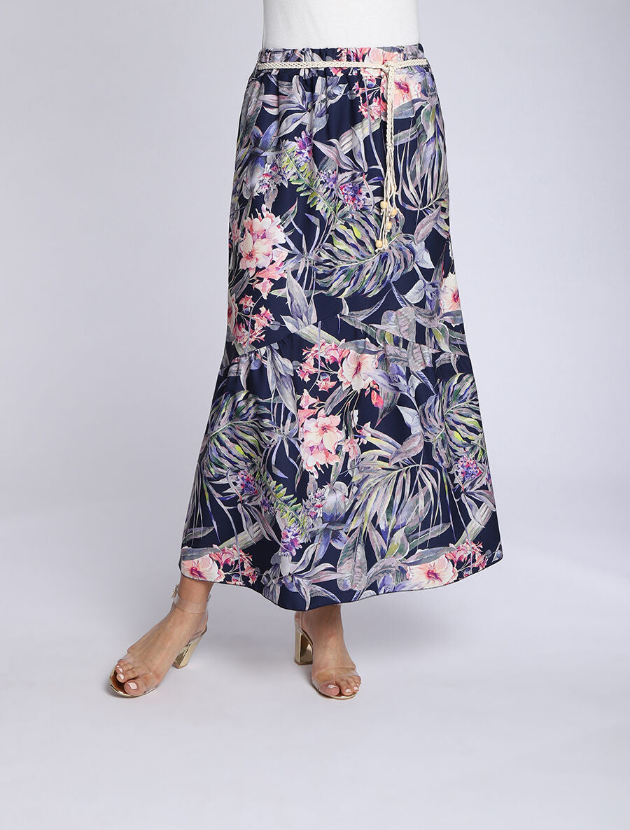 Jupe mi-longue à couture en V imprimé plantes tropicales - Marine - 4