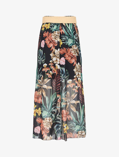Jupe longue en voile imprimé fleurs tropicales - Noir - 2