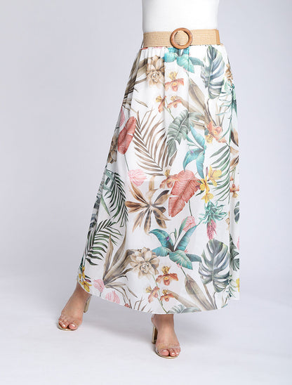 Jupe longue en voile imprimé fleurs tropicales - Blanc - 4