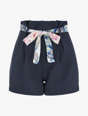 Short taille haute à ceinture imprimé fleurs tropicales - Marine - 4
