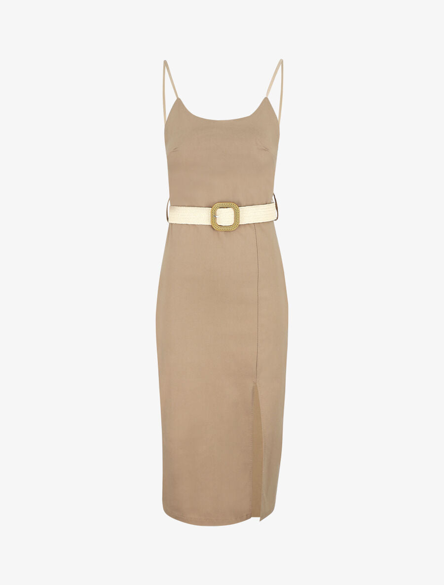 Robe mi-longue fendue - Camel - 3