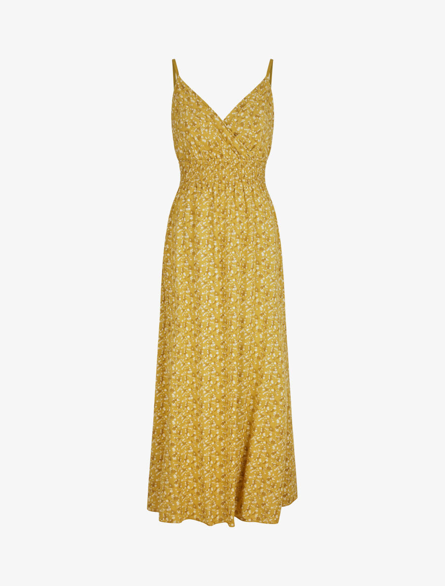 Robe longue empire à bretelles imprimé fleurs des champs - Moutarde - 5