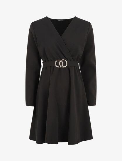 Robe uni à col cache-coeur - Noir - 5
