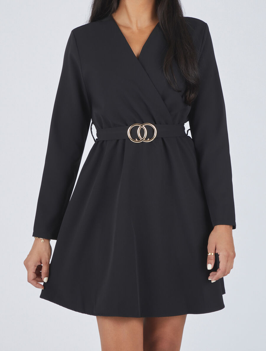 Robe uni à col cache-coeur - Noir - 4