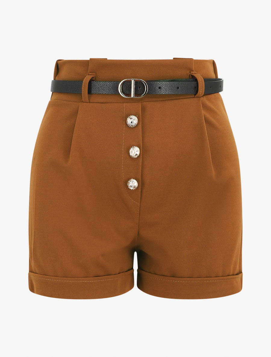 Short trapèze à boutons décoratifs - Camel - 1