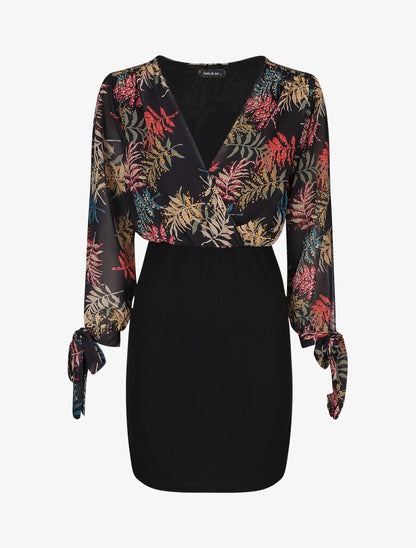 Robe fourreau à buste imprimé feuillage - Noir - 1