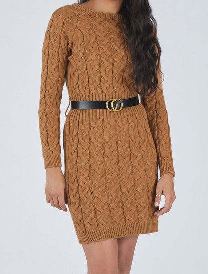 Robe pull courte effet tressé - Camel - 4