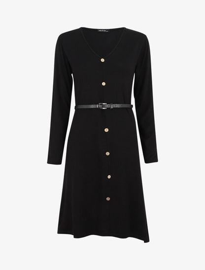 Robe pull mi-longue boutonnée - Noir - 1