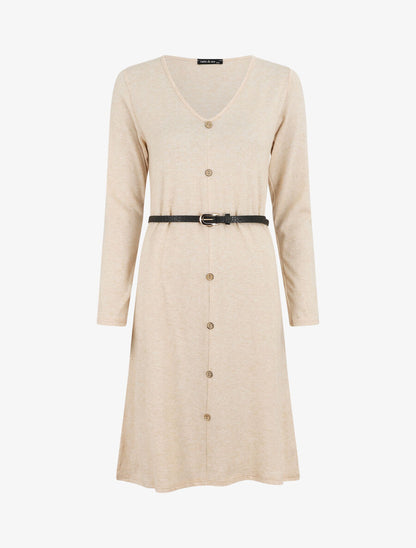 Robe pull mi-longue boutonnée - Beige - 1