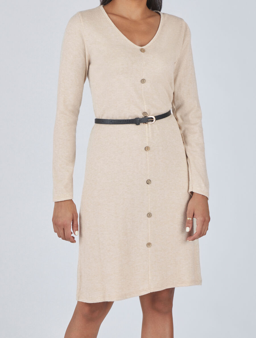 Robe pull mi-longue boutonnée - Beige - 4