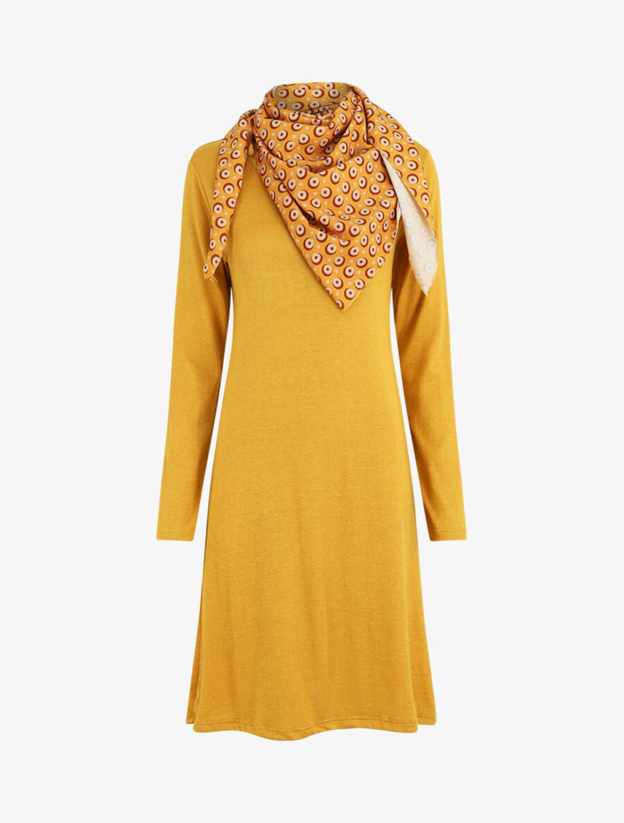 Robe pull mi-longue avec foulard - Moutarde - 1