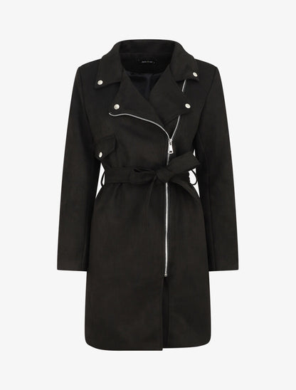 Trench mi-long zippé en suédine - Noir - 5