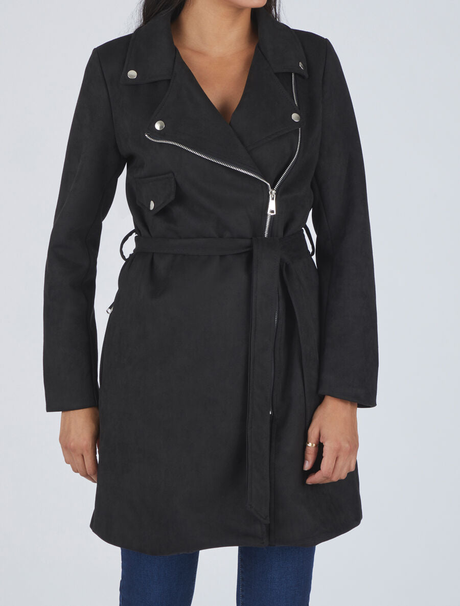 Trench mi-long zippé en suédine - Noir - 4