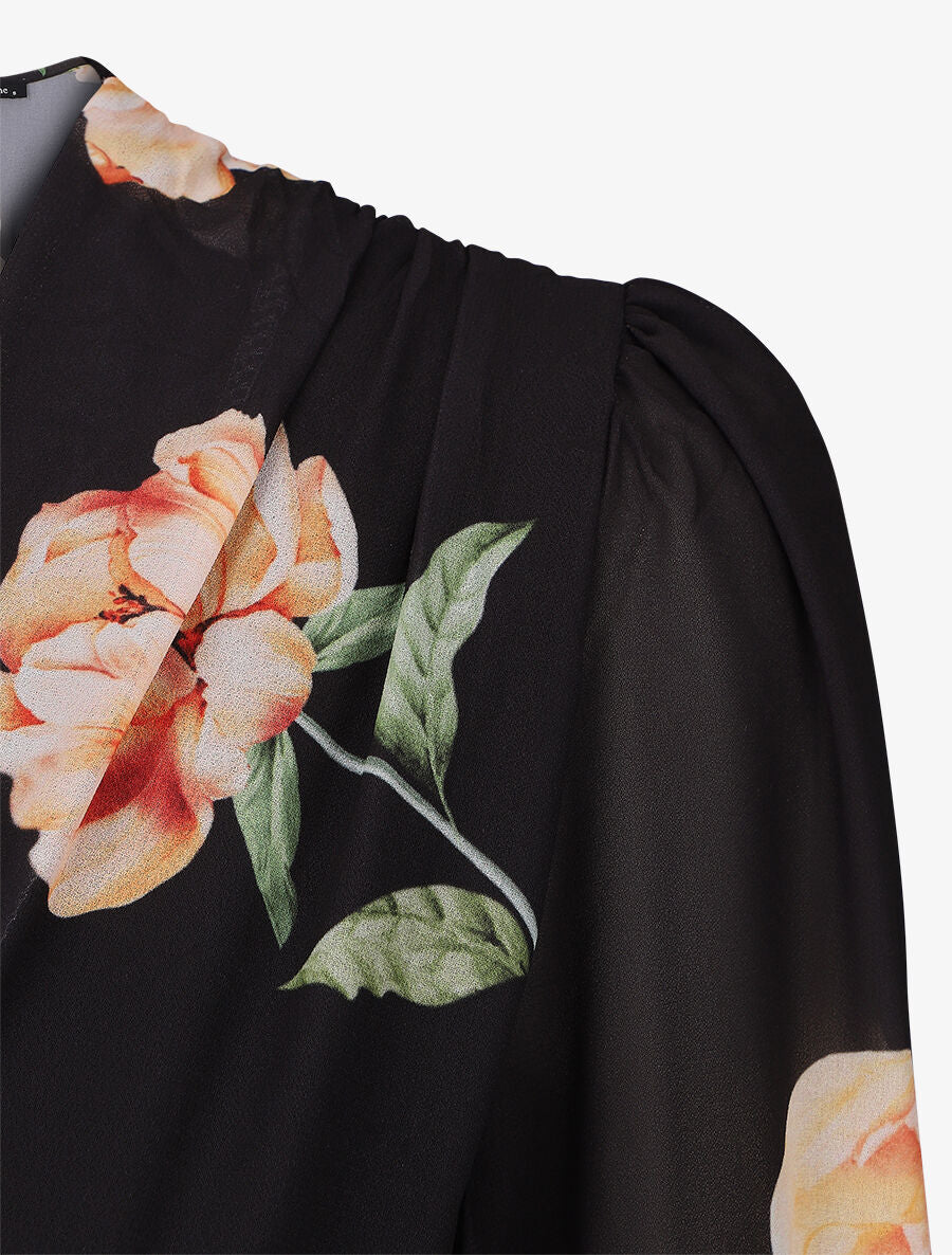 Robe courte patineuse imprimé grandes fleurs - Noir - 3