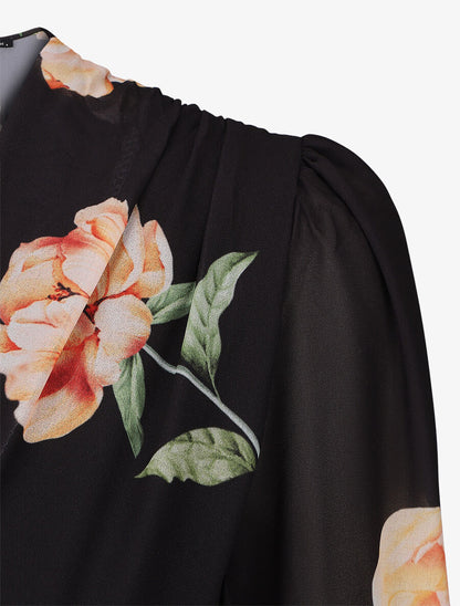 Robe courte patineuse imprimé grandes fleurs - Noir - 3