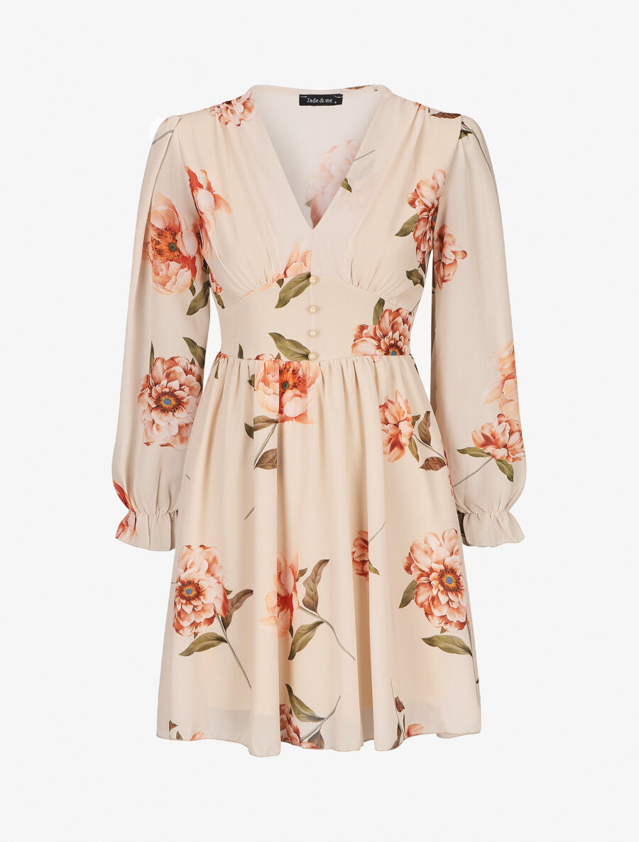 Robe courte patineuse imprimé grandes fleurs - Beige - 5